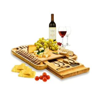 Bamboo Cheese Board & Knife Set Large Charcuterie Board with Slide out Drawer