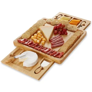 Coffret Cadeau Planche à Fromage et Couteau en Bambou, Plateau Charcuterie Planche à Découper Bois-