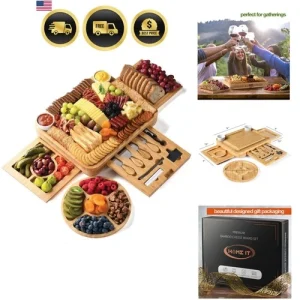Coffret Cadeau Planches Charcuterie en Bambou - Ensemble Simple Planche à Viande et Fromage avec Ch...-