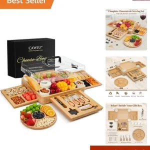 Planche à Charcuterie avec Couvercle - Grand Set de Planche à Fromage en Bambou avec Ustensiles & Dr...-